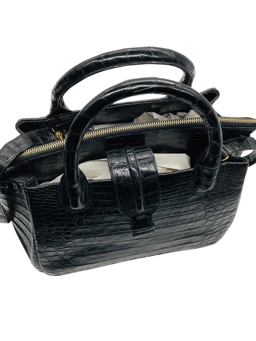 NANCY GONZALEZ BLACK GENUINE CROCODILE DOUBLE TOP HANDLE SATCHEL HANDBAG